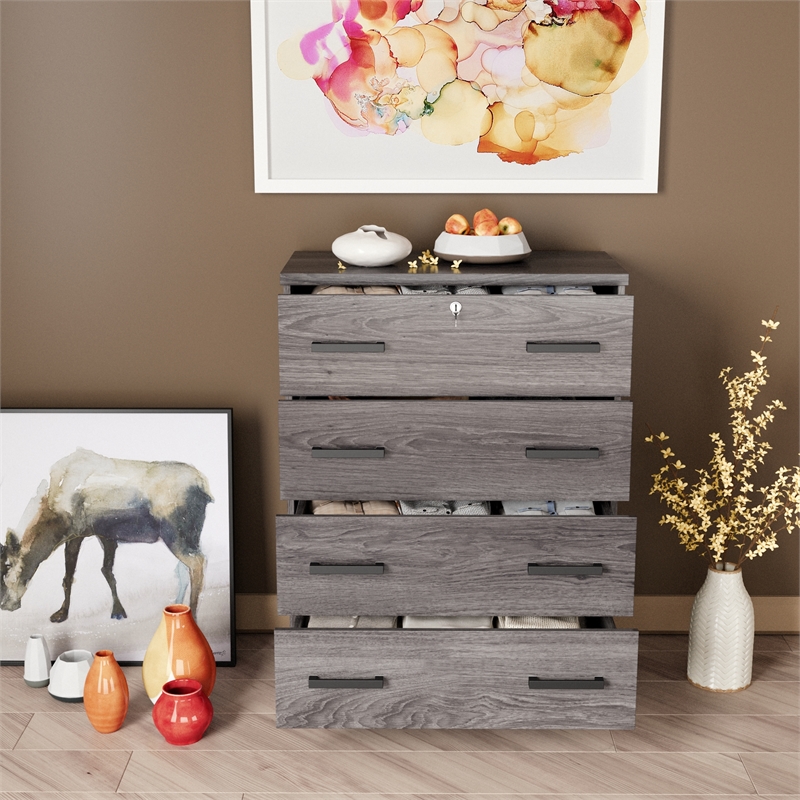 Better Home Products Cindy 4 Drawer Chest Wooden Dresser with Lock in Gray Oak