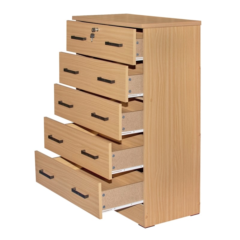 Better Home Products Cindy 5 Drawer Chest Wooden Dresser with Lock Beech (Maple)