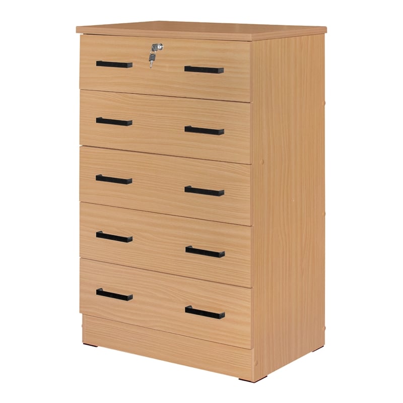 Better Home Products Cindy 5 Drawer Chest Wooden Dresser with Lock Beech (Maple)