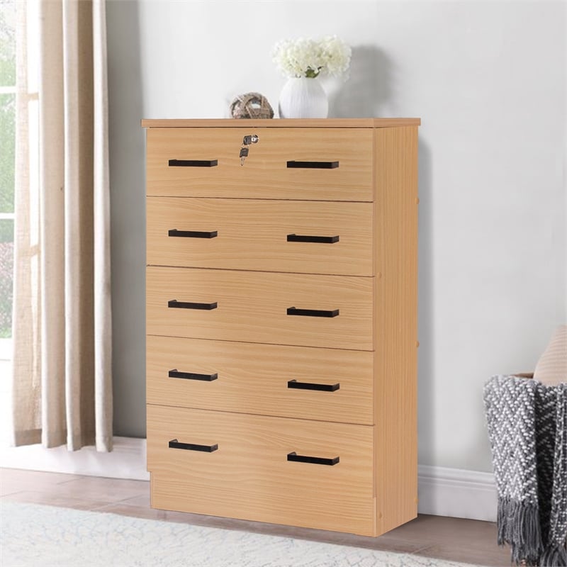 Better Home Products Cindy 5 Drawer Chest Wooden Dresser with Lock Beech (Maple)