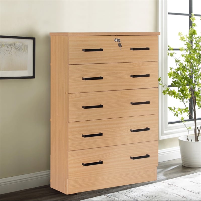 Better Home Products Cindy 5 Drawer Chest Wooden Dresser with Lock Beech (Maple)
