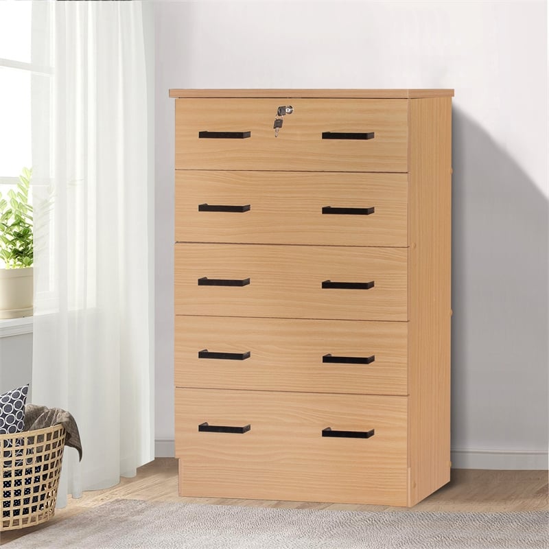 Better Home Products Cindy 5 Drawer Chest Wooden Dresser with Lock Beech (Maple)