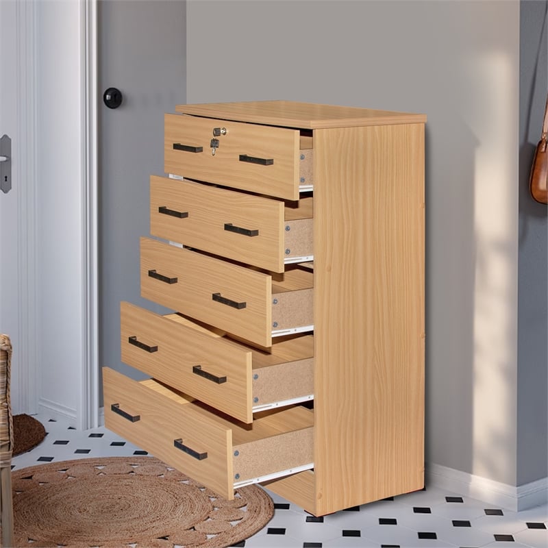 Better Home Products Cindy 5 Drawer Chest Wooden Dresser with Lock Beech (Maple)