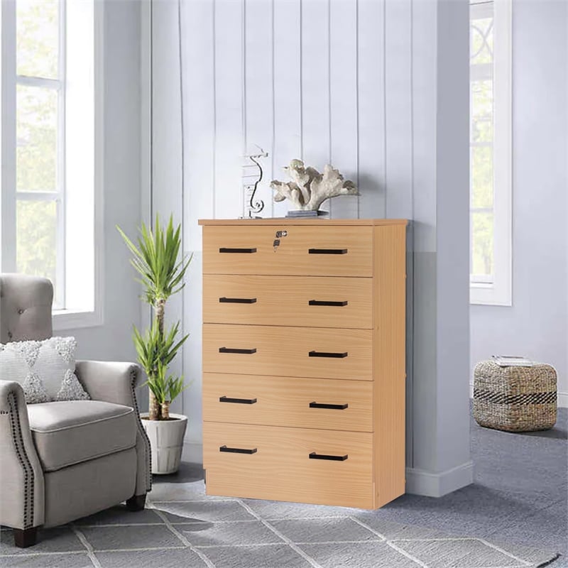 Better Home Products Cindy 5 Drawer Chest Wooden Dresser with Lock Beech (Maple)