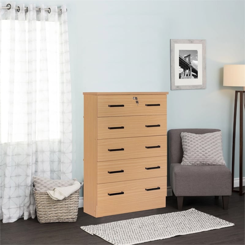 Better Home Products Cindy 5 Drawer Chest Wooden Dresser with Lock Beech (Maple)