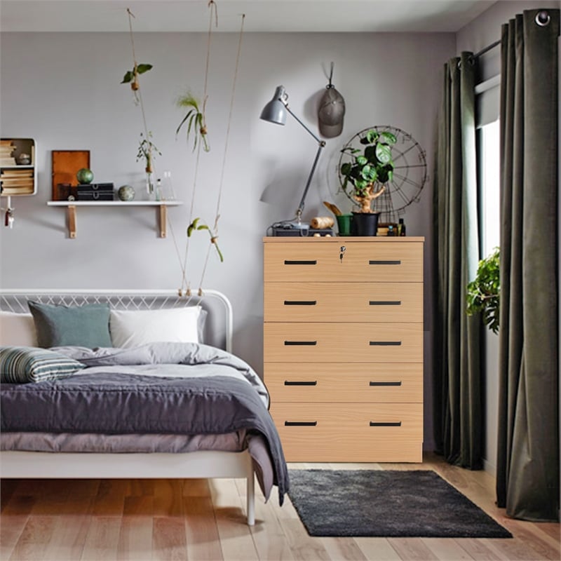 Better Home Products Cindy 5 Drawer Chest Wooden Dresser with Lock Beech (Maple)