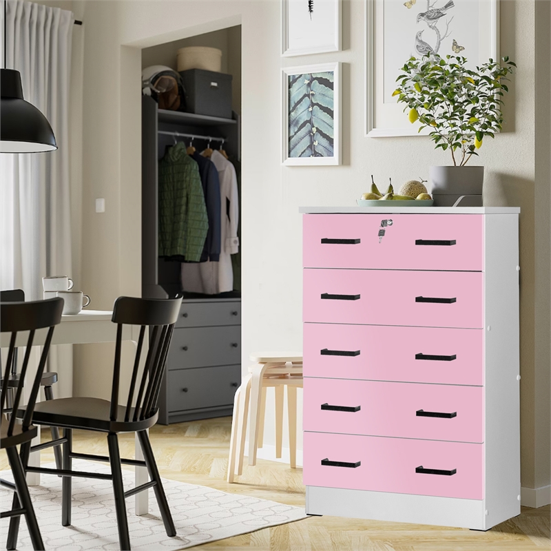 Better Home Products Cindy 5 Drawer Chest Wooden Dresser with Lock in Pink