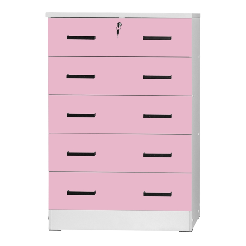 Better Home Products Cindy 5 Drawer Chest Wooden Dresser with Lock in Pink