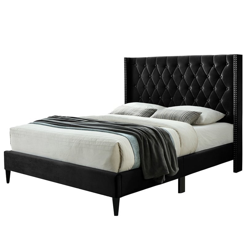 Better Home Products Amelia 62 x 86 Velvet Tufted Queen Platform Bed in Black