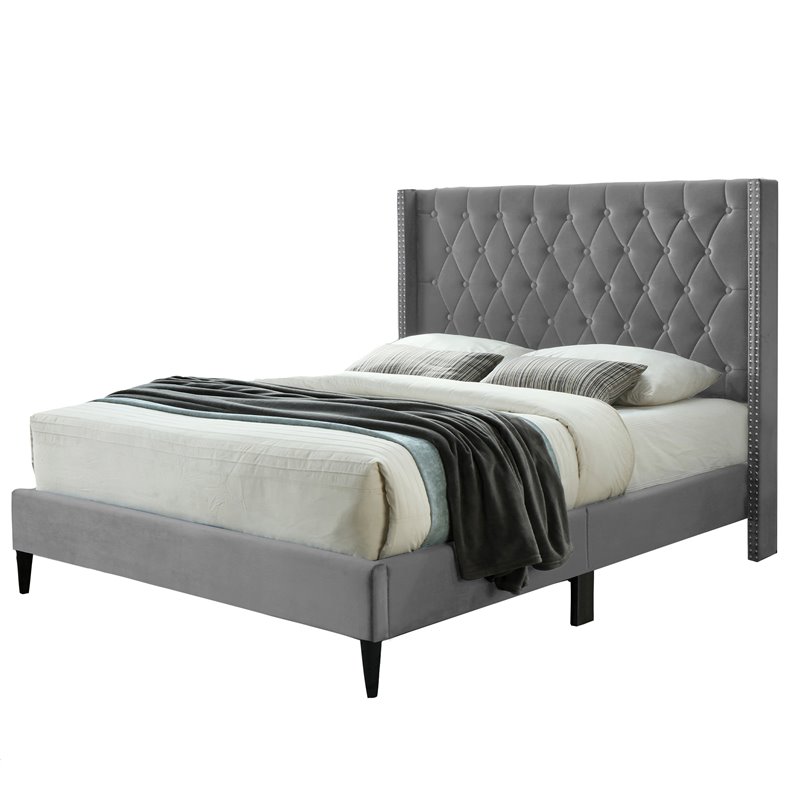 Better Home Products Amelia 62 x 86 Velvet Tufted Queen Platform Bed in Gray