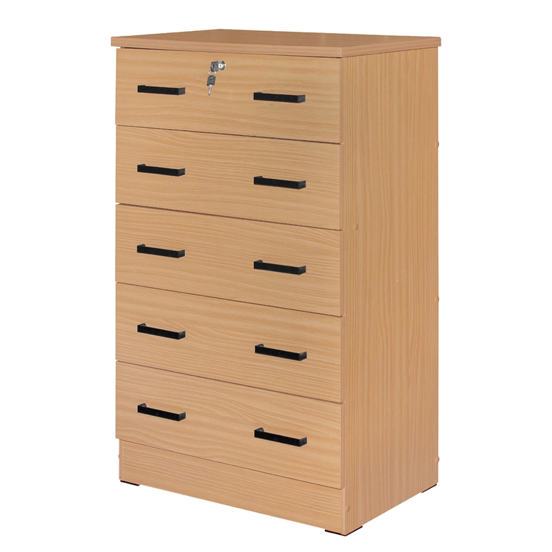 Better Home Products Olivia Wooden Tall 5 Drawer Chest Dresser in Beech (Maple)