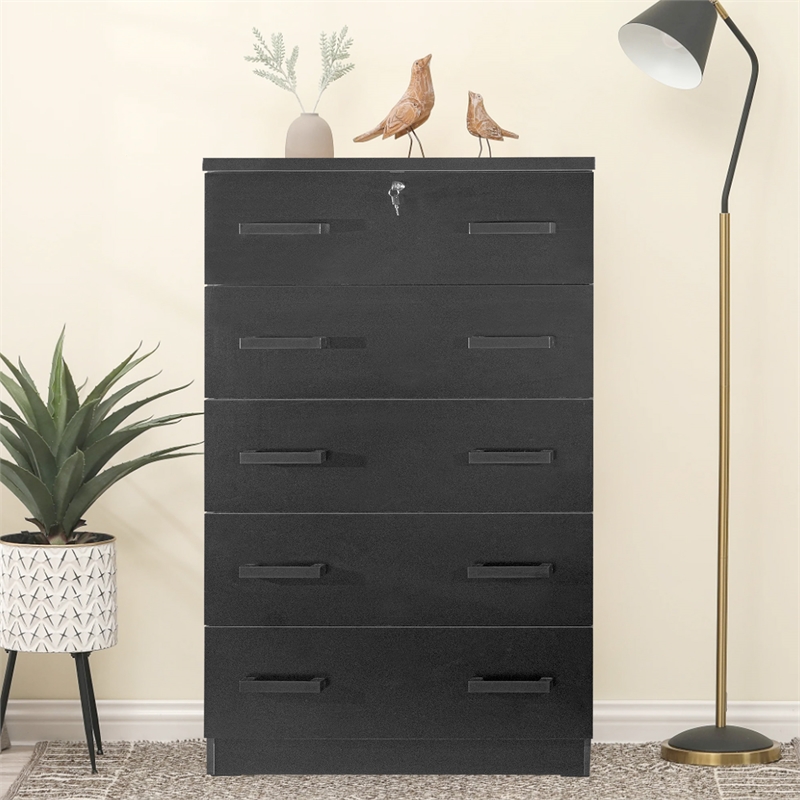 Better Home Products Olivia Wooden Tall 5 Drawer Chest Bedroom Dresser in Black