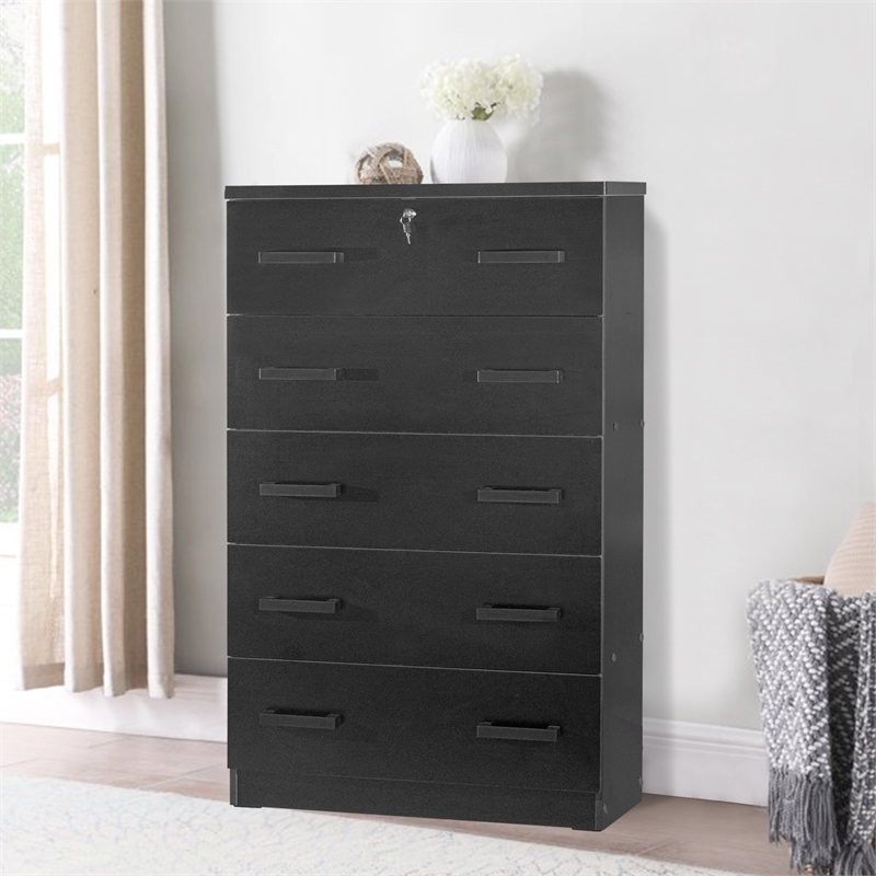 Better Home Products Olivia Wooden Tall 5 Drawer Chest Bedroom Dresser in  Black