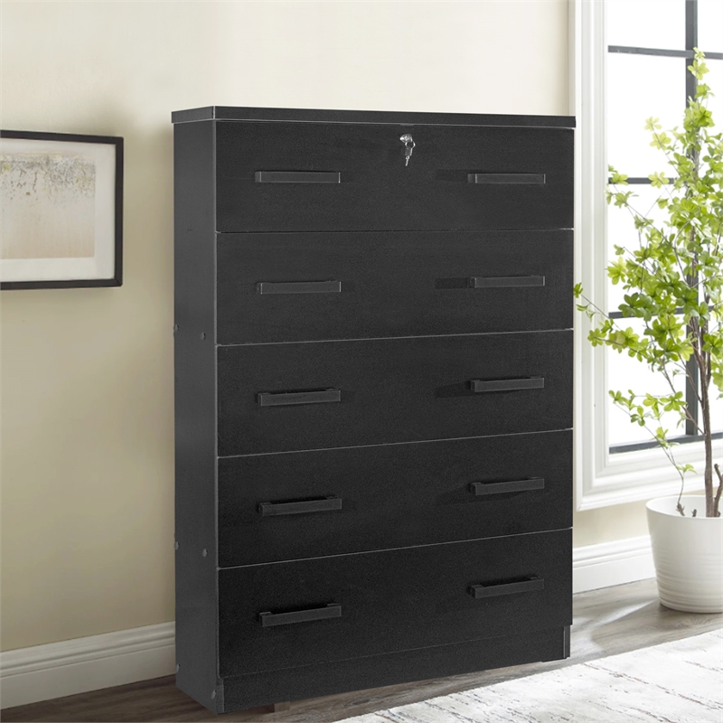 Better Home Products Olivia Wooden Tall 5 Drawer Chest Bedroom Dresser in Black
