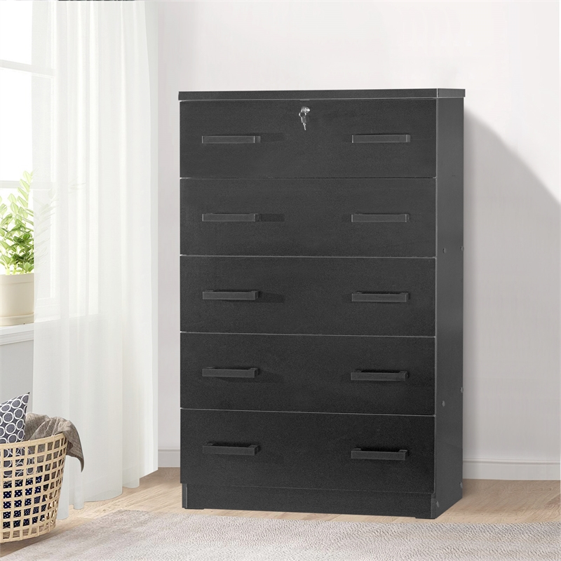 Better Home Products Olivia Wooden Tall 5 Drawer Chest Bedroom Dresser in Black