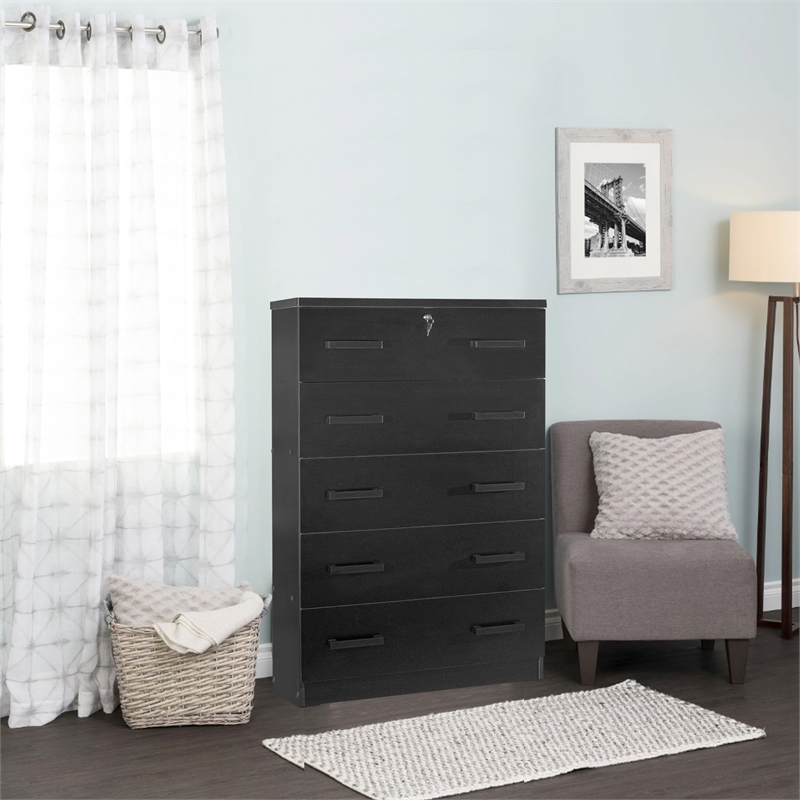 Better Home Products Olivia Wooden Tall 5 Drawer Chest Bedroom Dresser in Black