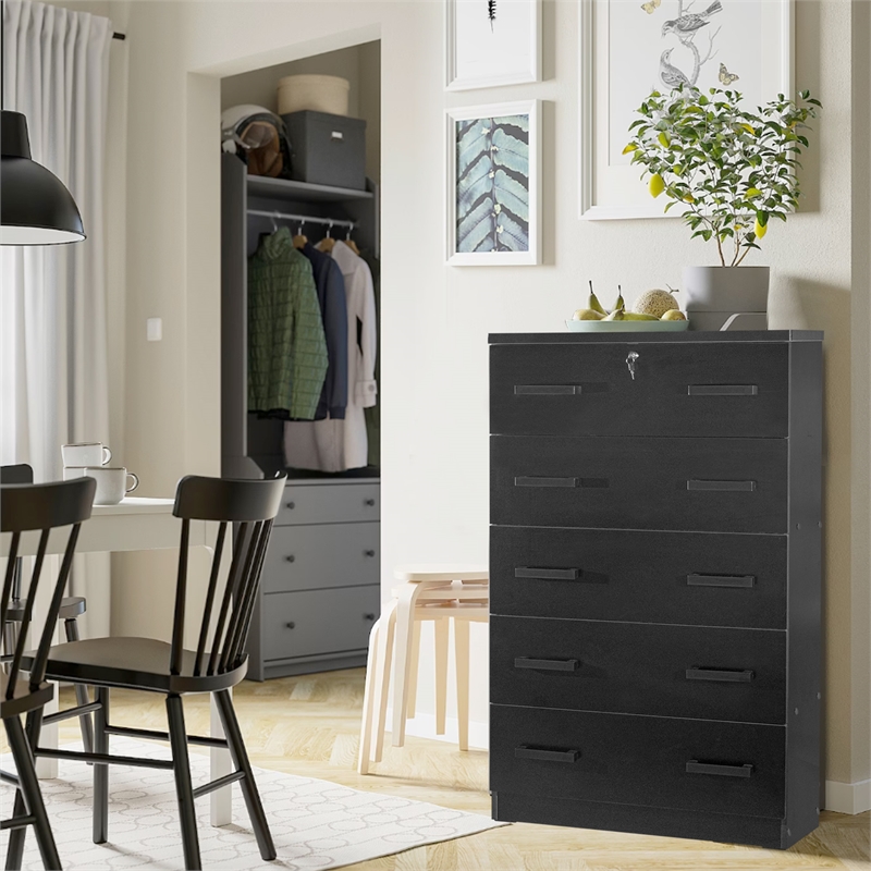 Better Home Products Olivia Wooden Tall 5 Drawer Chest Bedroom Dresser in Black