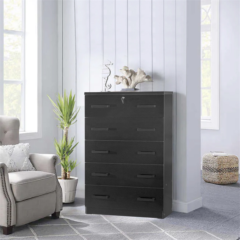 Better Home Products Olivia Wooden Tall 5 Drawer Chest Bedroom Dresser in Black