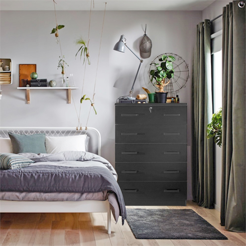 Better Home Products Olivia Wooden Tall 5 Drawer Chest Bedroom Dresser in Black