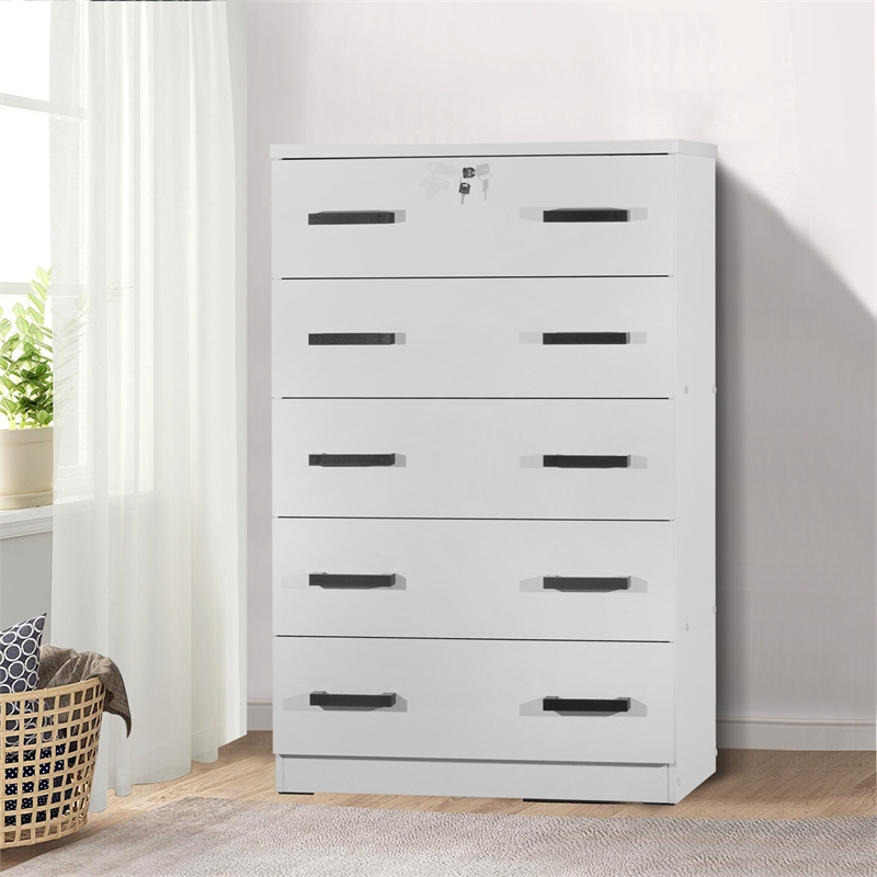 Better Home Products Olivia Wooden Tall 5 Drawer Chest Bedroom Dresser in White