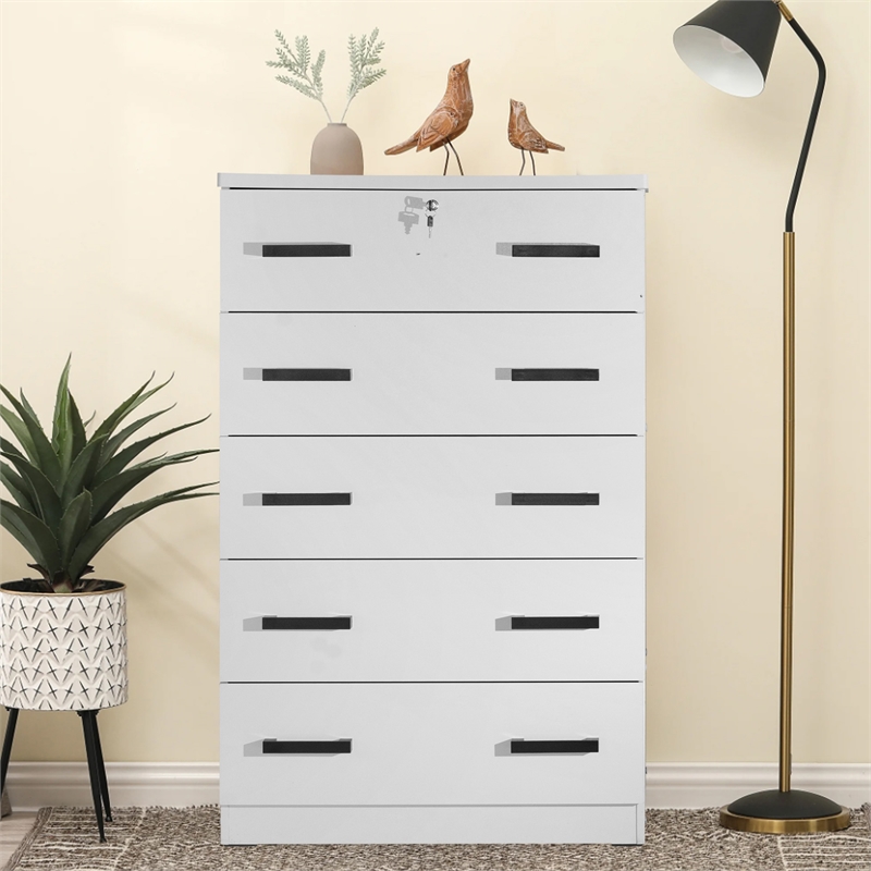 Better Home Products Olivia Wooden Tall 5 Drawer Chest Bedroom Dresser in White