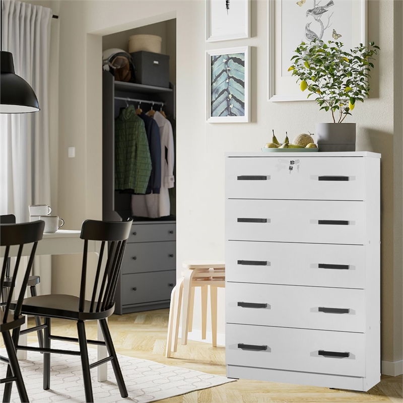 Better Home Products Olivia Wooden Tall 5 Drawer Chest Bedroom Dresser in White