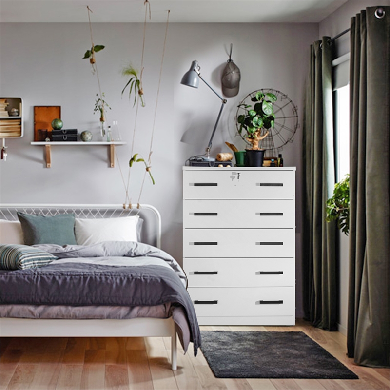 Better Home Products Olivia Wooden Tall 5 Drawer Chest Bedroom Dresser in White
