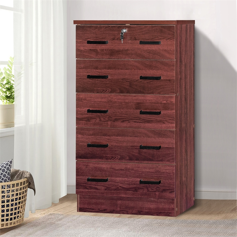 Better Home Products Olivia Wooden Tall 5 Drawer Chest Bedroom Dresser Mahogany