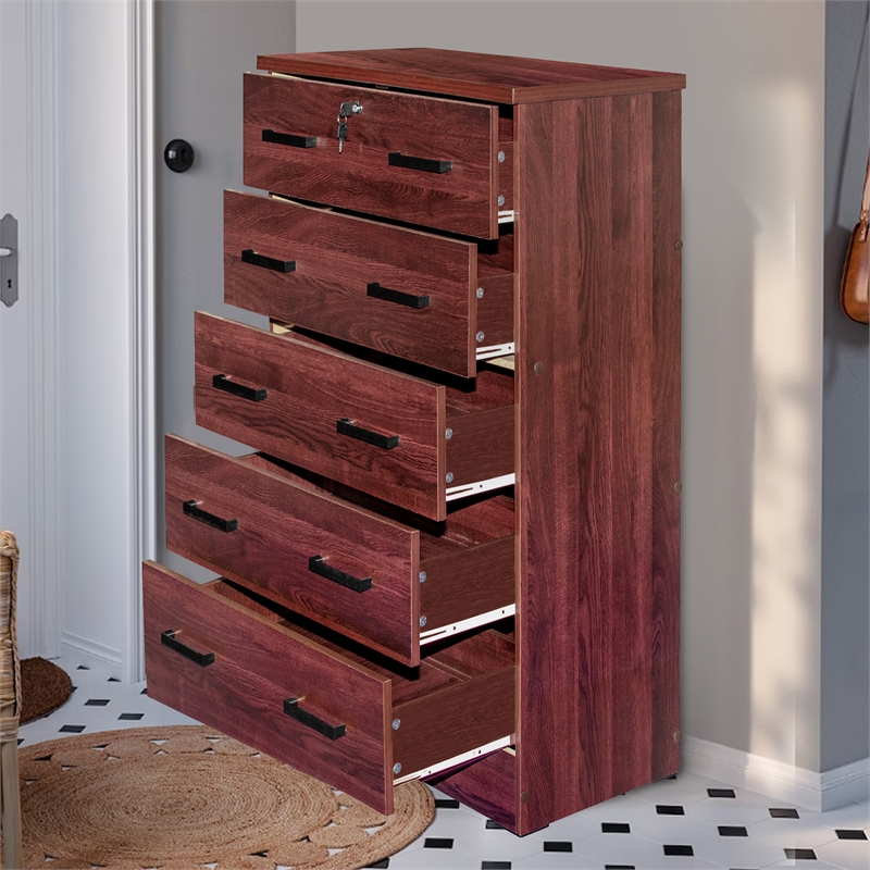 Better Home Products Olivia Wooden Tall 5 Drawer Chest Bedroom Dresser Mahogany