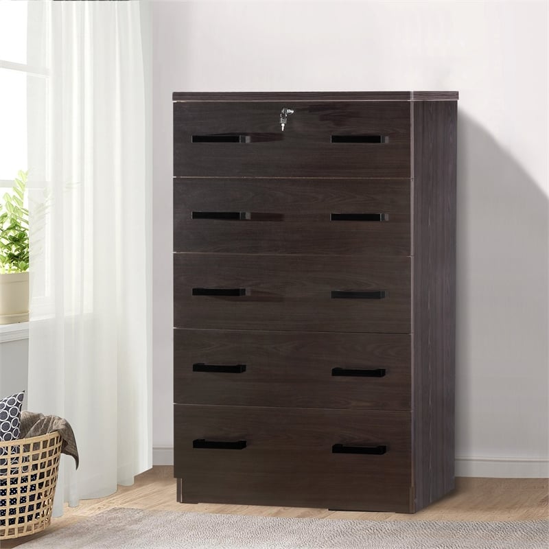Better Home Products Olivia Wooden Tall 5 Drawer Chest Bedroom Dresser Tobacco