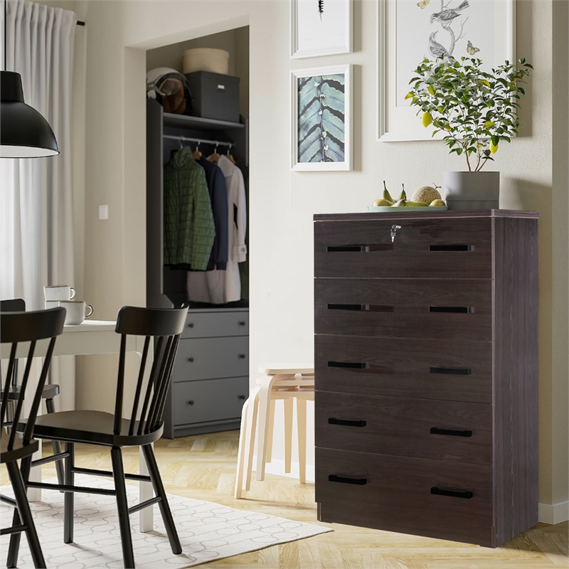 Better Home Products Olivia Wooden Tall 5 Drawer Chest Bedroom Dresser Tobacco