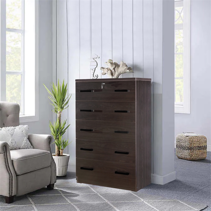 Better Home Products Olivia Wooden Tall 5 Drawer Chest Bedroom Dresser Tobacco