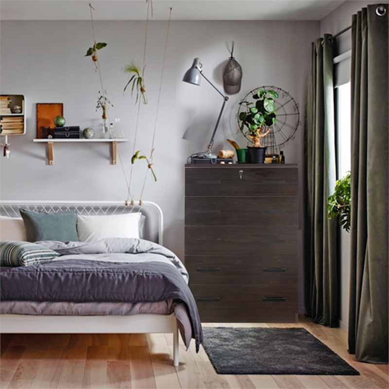 Better Home Products Olivia Wooden Tall 5 Drawer Chest Bedroom Dresser Tobacco