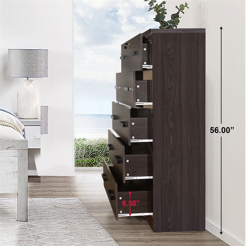 Better Home Products Olivia Wooden Tall 5 Drawer Chest Bedroom Dresser Tobacco