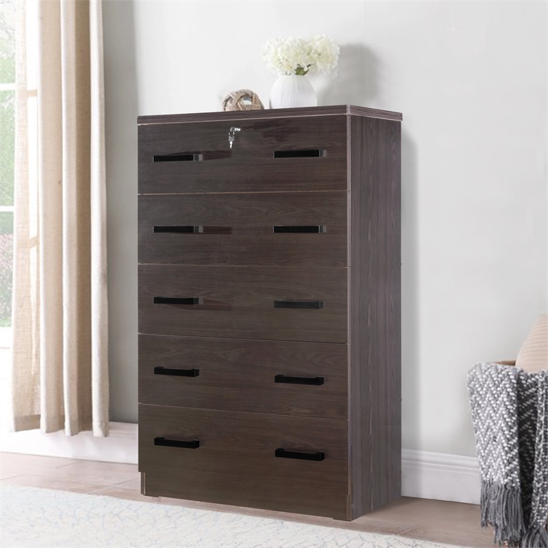 Better Home Products Olivia Wooden Tall 5 Drawer Chest Bedroom Dresser Tobacco