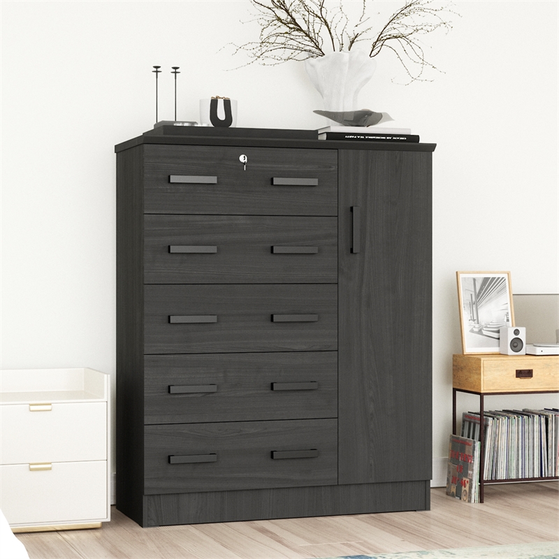 Better Home Products JCF Sofie 5 Drawer Wooden Tall Chest Wardrobe in Black