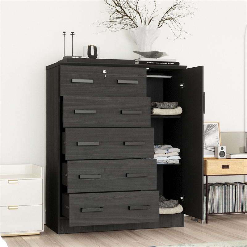 Better Home Products JCF Sofie 5 Drawer Wooden Tall Chest Wardrobe in Black