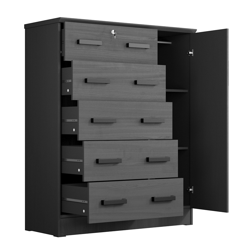 Better Home Products JCF Sofie 5 Drawer Wooden Tall Chest Wardrobe in Black