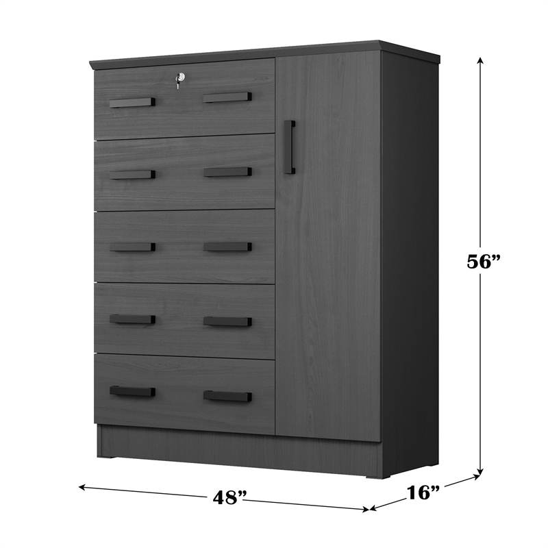 Better Home Products JCF Sofie 5 Drawer Wooden Tall Chest Wardrobe in Black