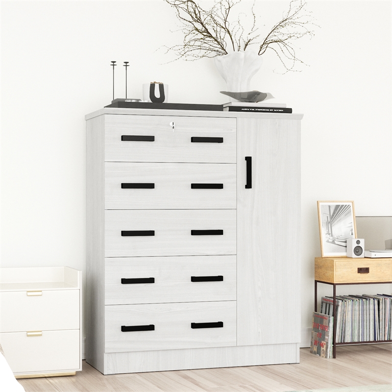 Better Home Products JCF Sofie 5 Drawer Wooden Tall Chest Wardrobe in White