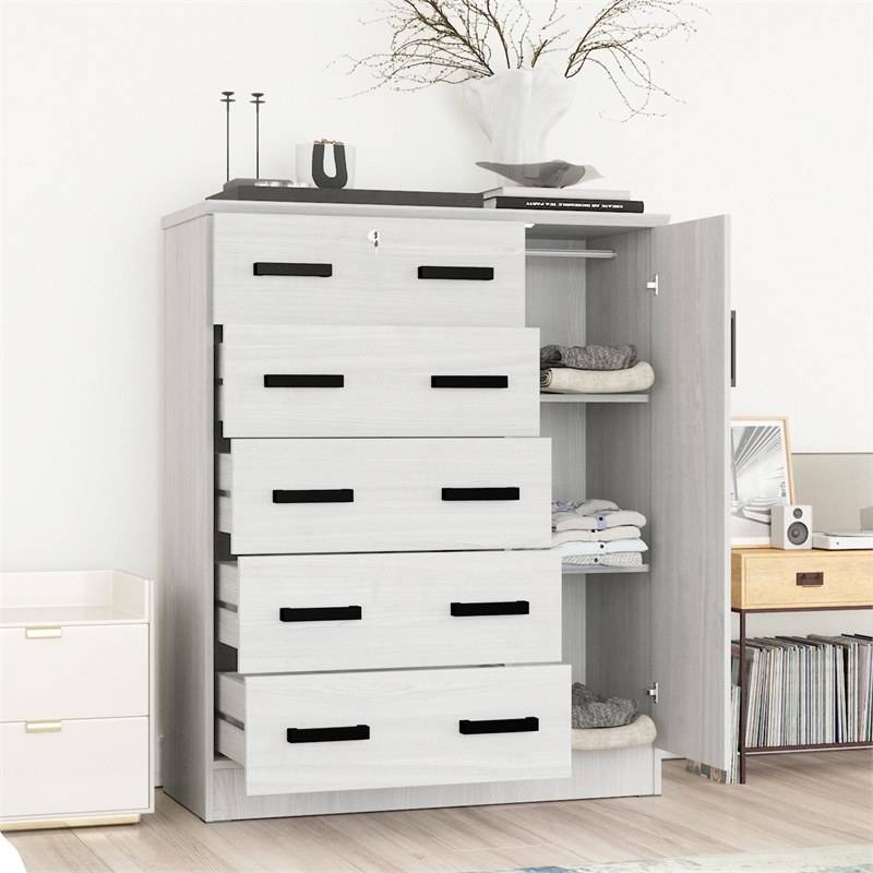 Better Home Products JCF Sofie 5 Drawer Wooden Tall Chest Wardrobe in White