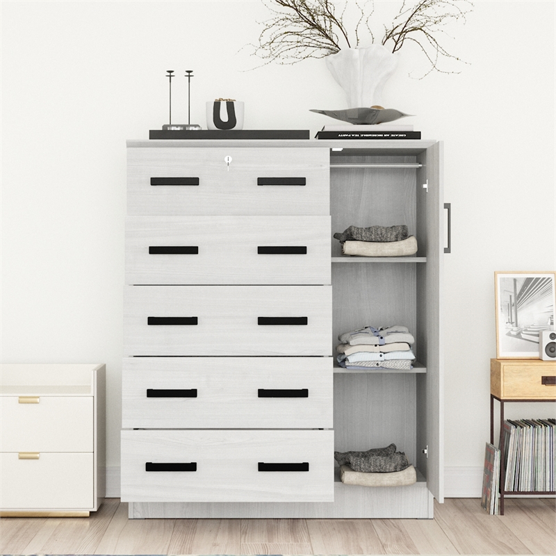 Better Home Products JCF Sofie 5 Drawer Wooden Tall Chest Wardrobe in White