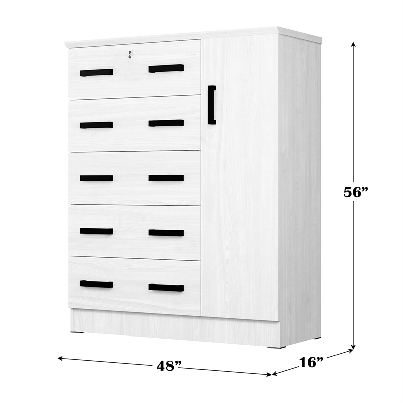 Better Home Products JCF Sofie 5 Drawer Wooden Tall Chest Wardrobe in White