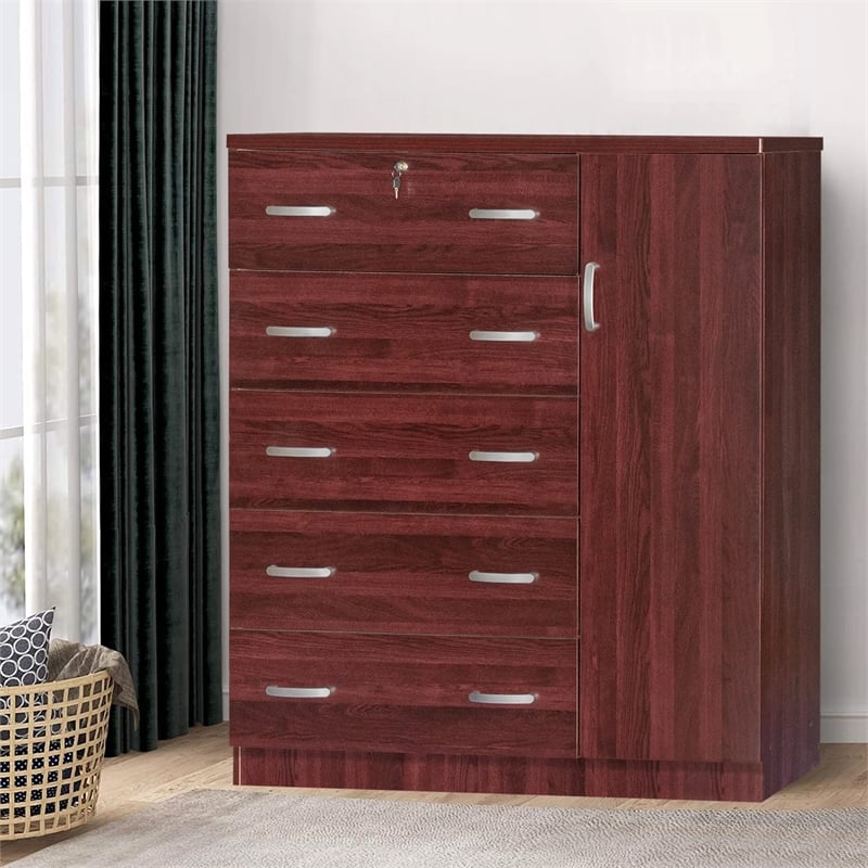Better Home Products JCF Sofie 5 Drawer Wooden Tall Chest Wardrobe in Mahogany