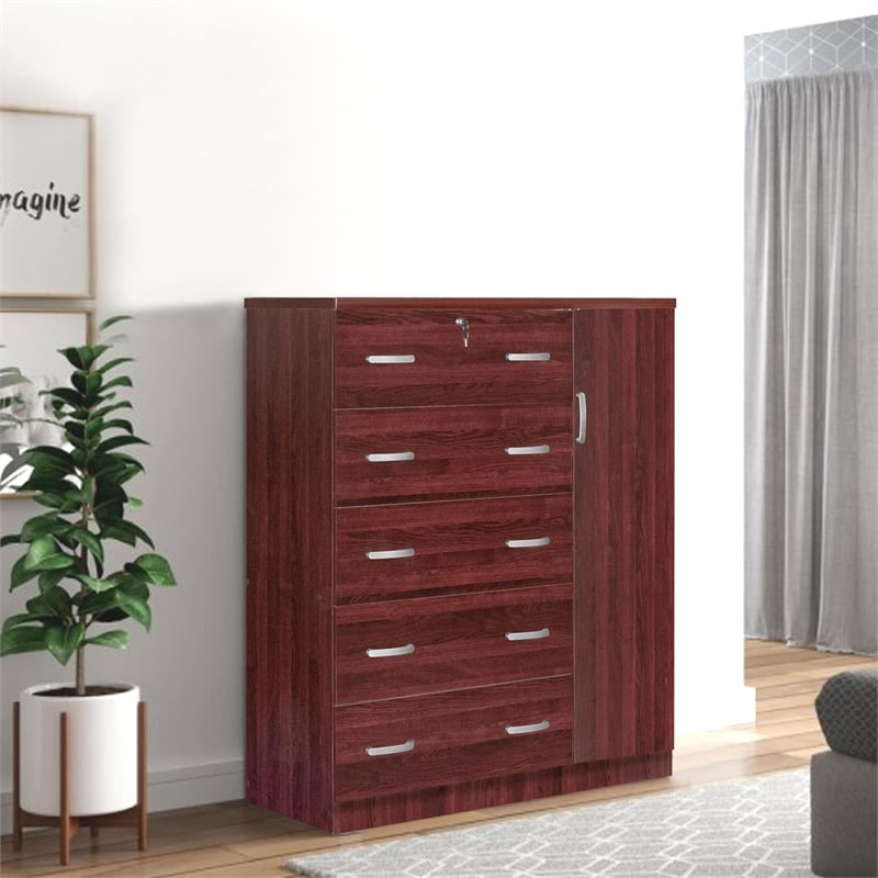 Better Home Products JCF Sofie 5 Drawer Wooden Tall Chest Wardrobe in Mahogany