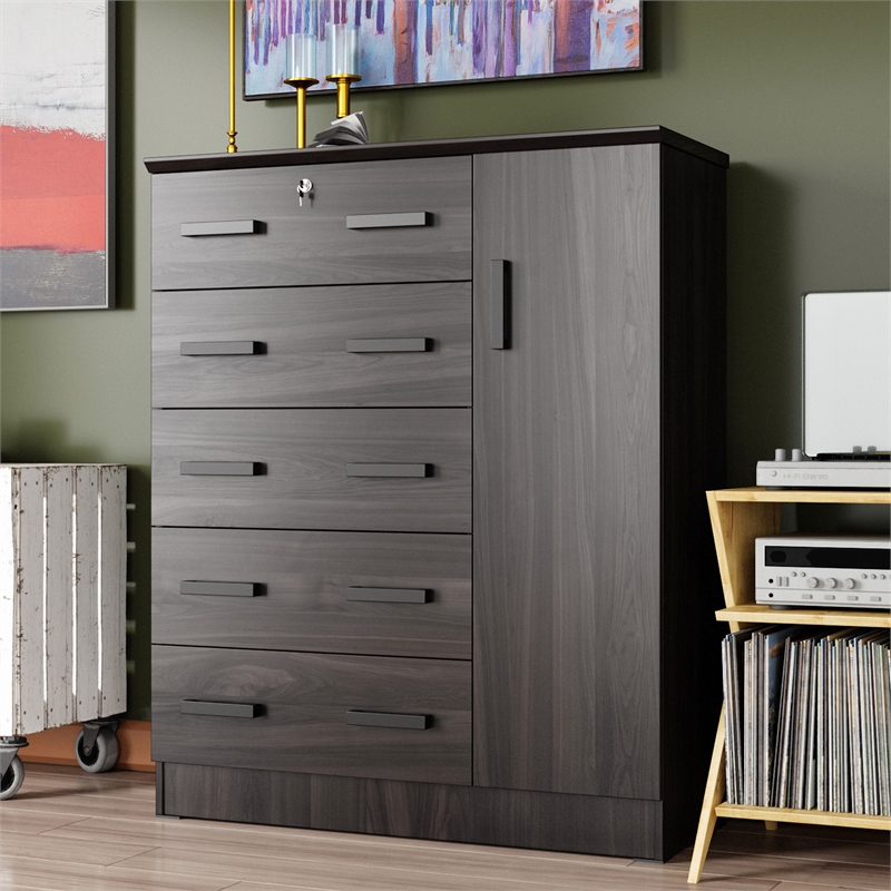 Better Home Products JCF Sofie 5 Drawer Wooden Tall Chest Wardrobe in Tobacco