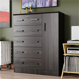 Better Home Products JCF Sofie 5 Drawer Wooden Tall Chest Wardrobe in Tobacco