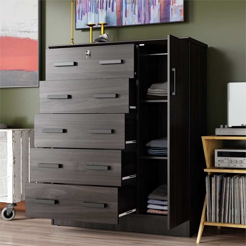 Better Home Products JCF Sofie 5 Drawer Wooden Tall Chest Wardrobe in Tobacco