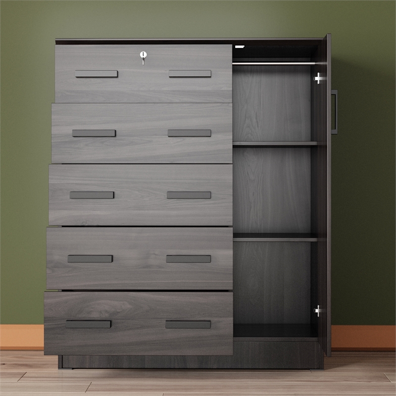 Better Home Products JCF Sofie 5 Drawer Wooden Tall Chest Wardrobe in Tobacco