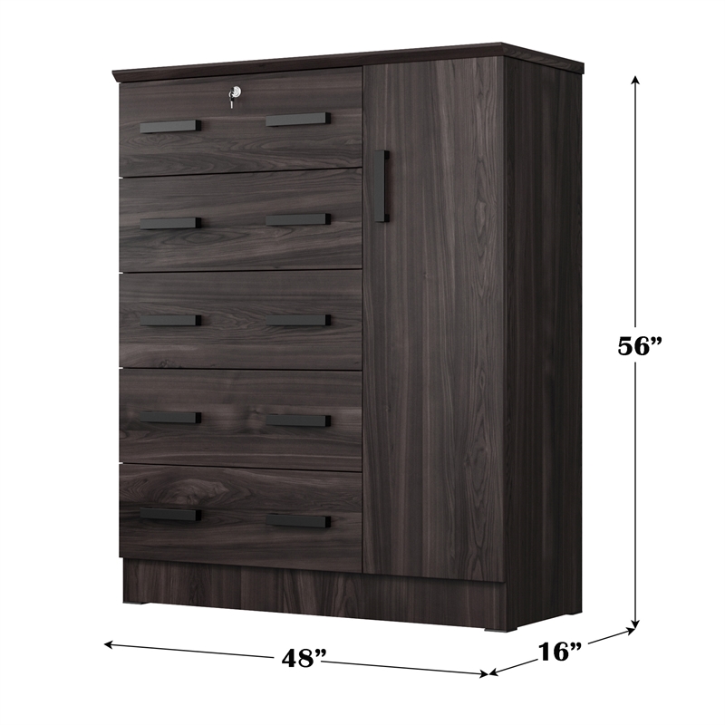 Better Home Products JCF Sofie 5 Drawer Wooden Tall Chest Wardrobe in Tobacco
